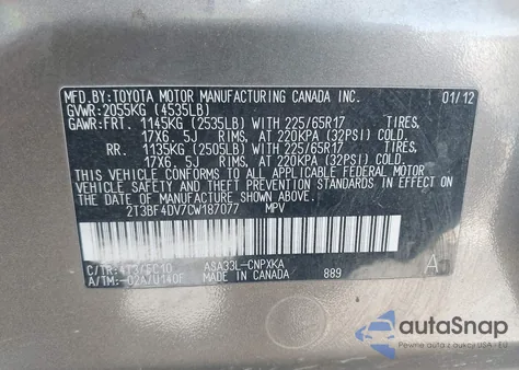 2012 Toyota Rav4 from USA, damaged, VIN 2T3BF4DV7CW187077